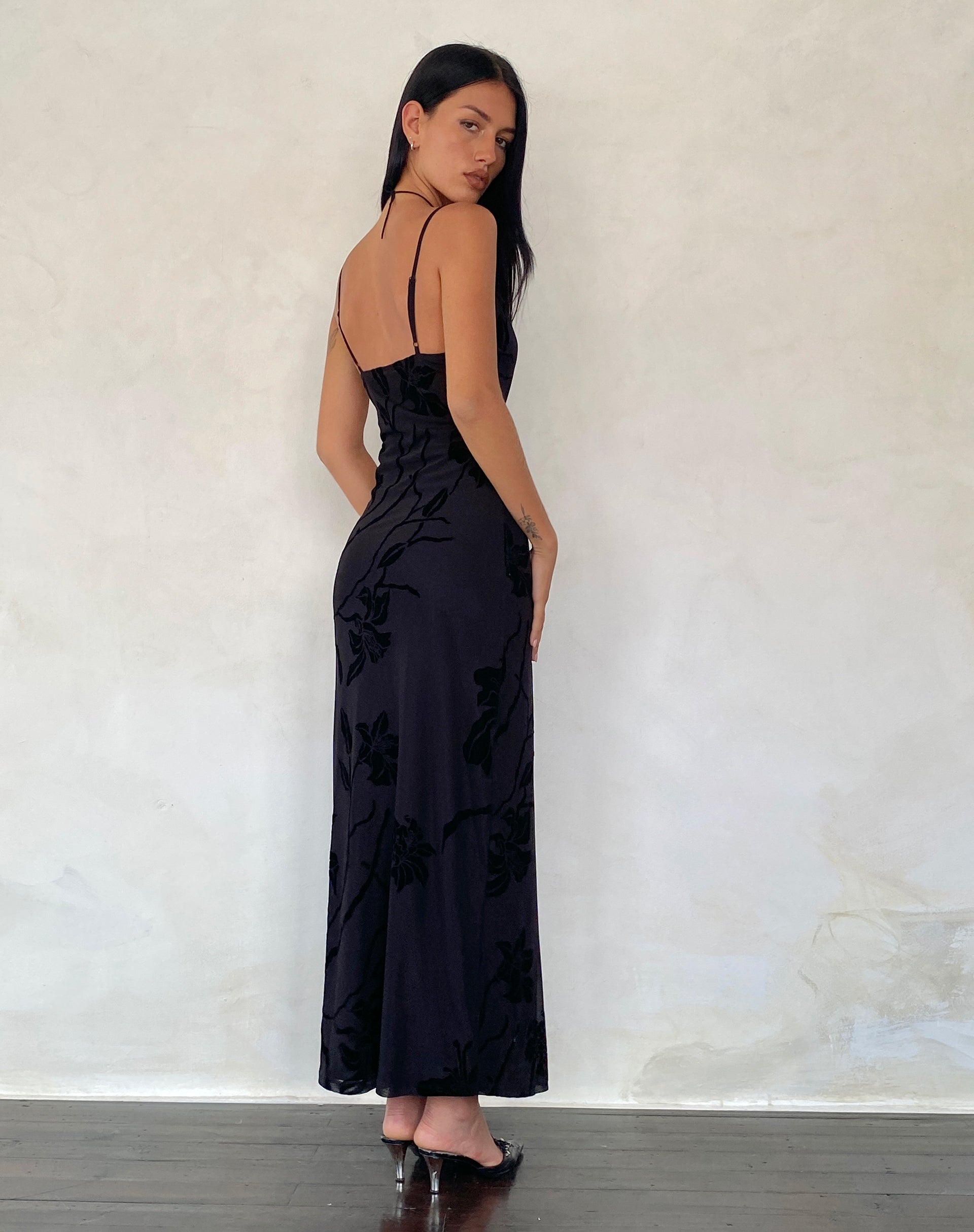 Nodu Maxi Dress in Orchids Flock Black-Nico Sky