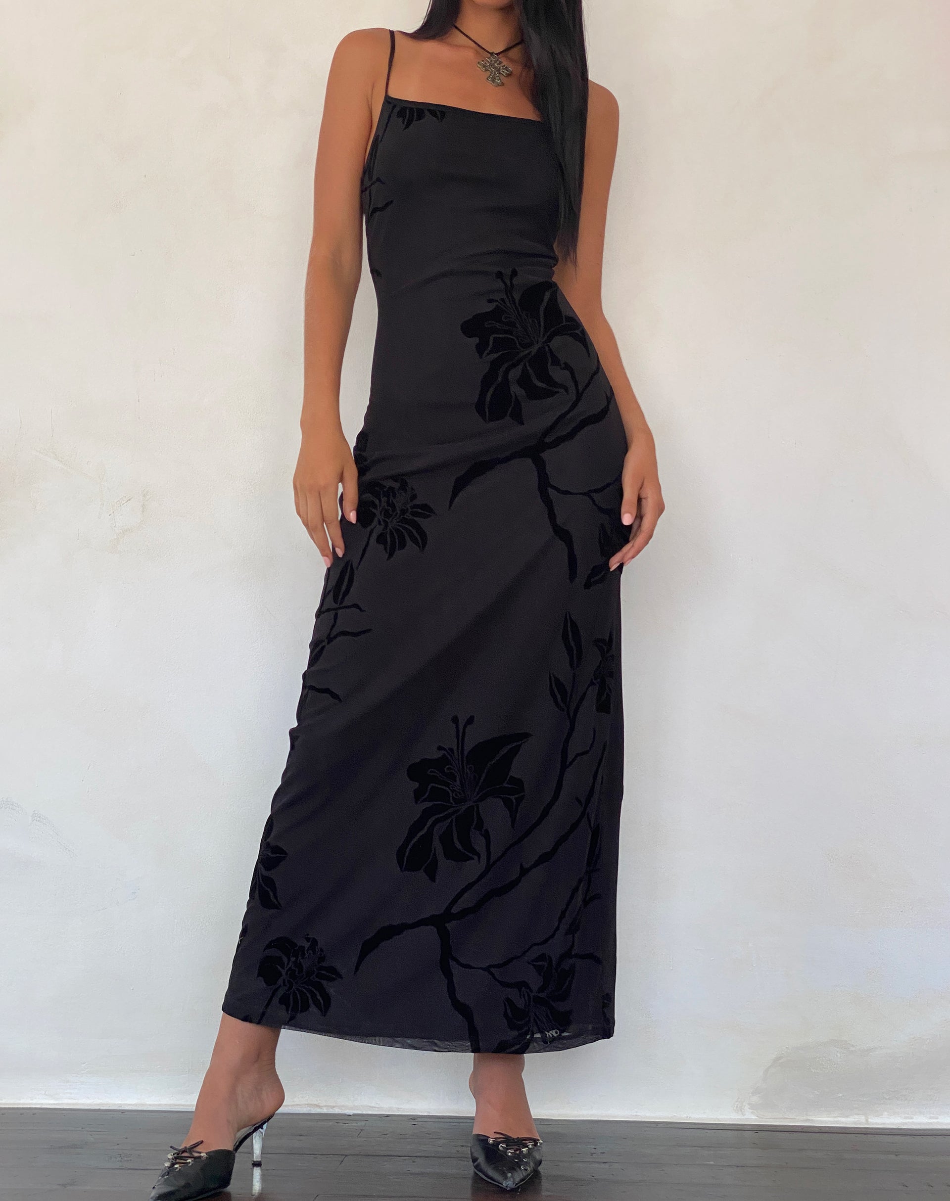 Nodu Maxi Dress in Orchids Flock Black-Nico Sky