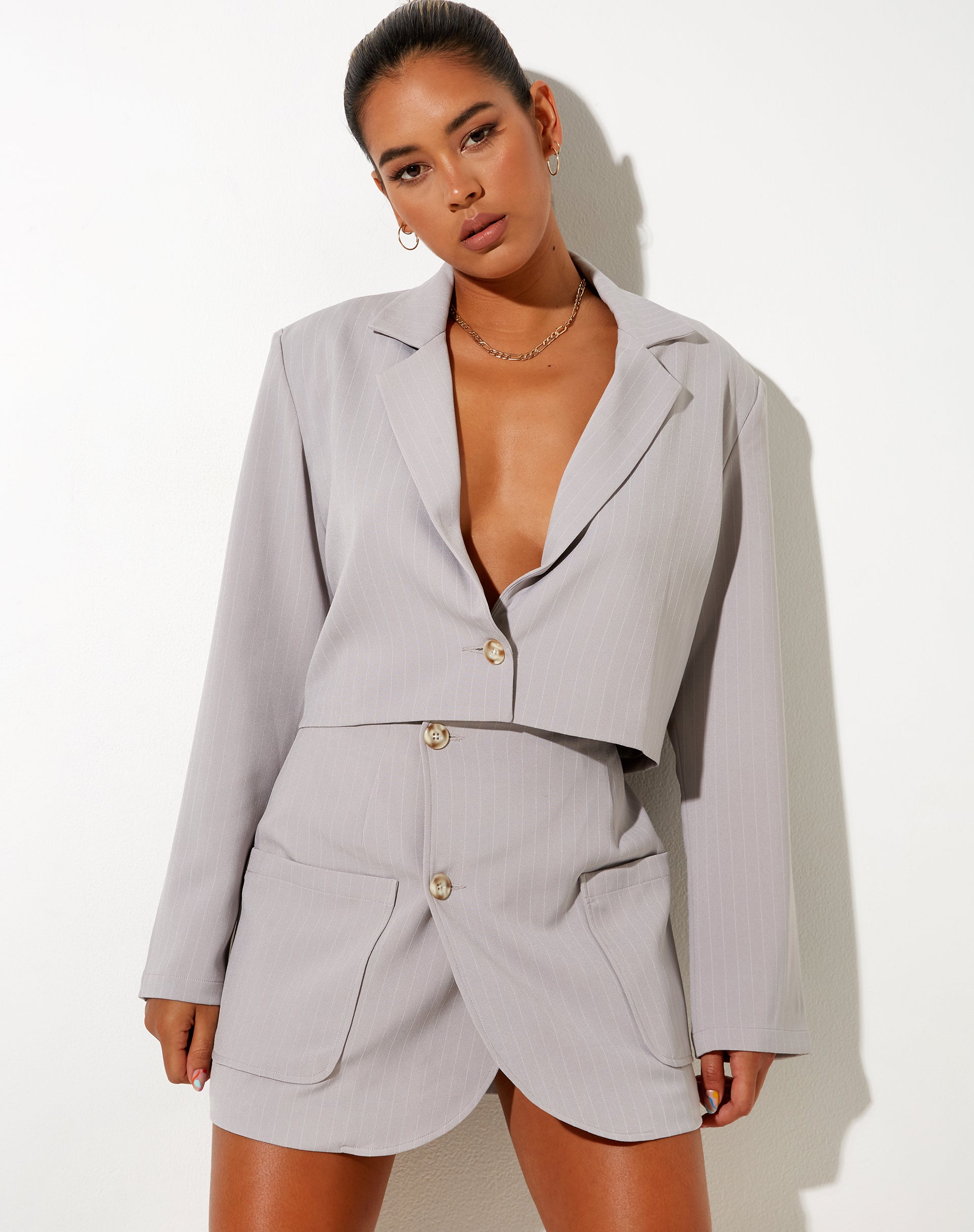 Nolya Blazer in Pinstripe Silver Grey-Nico Sky