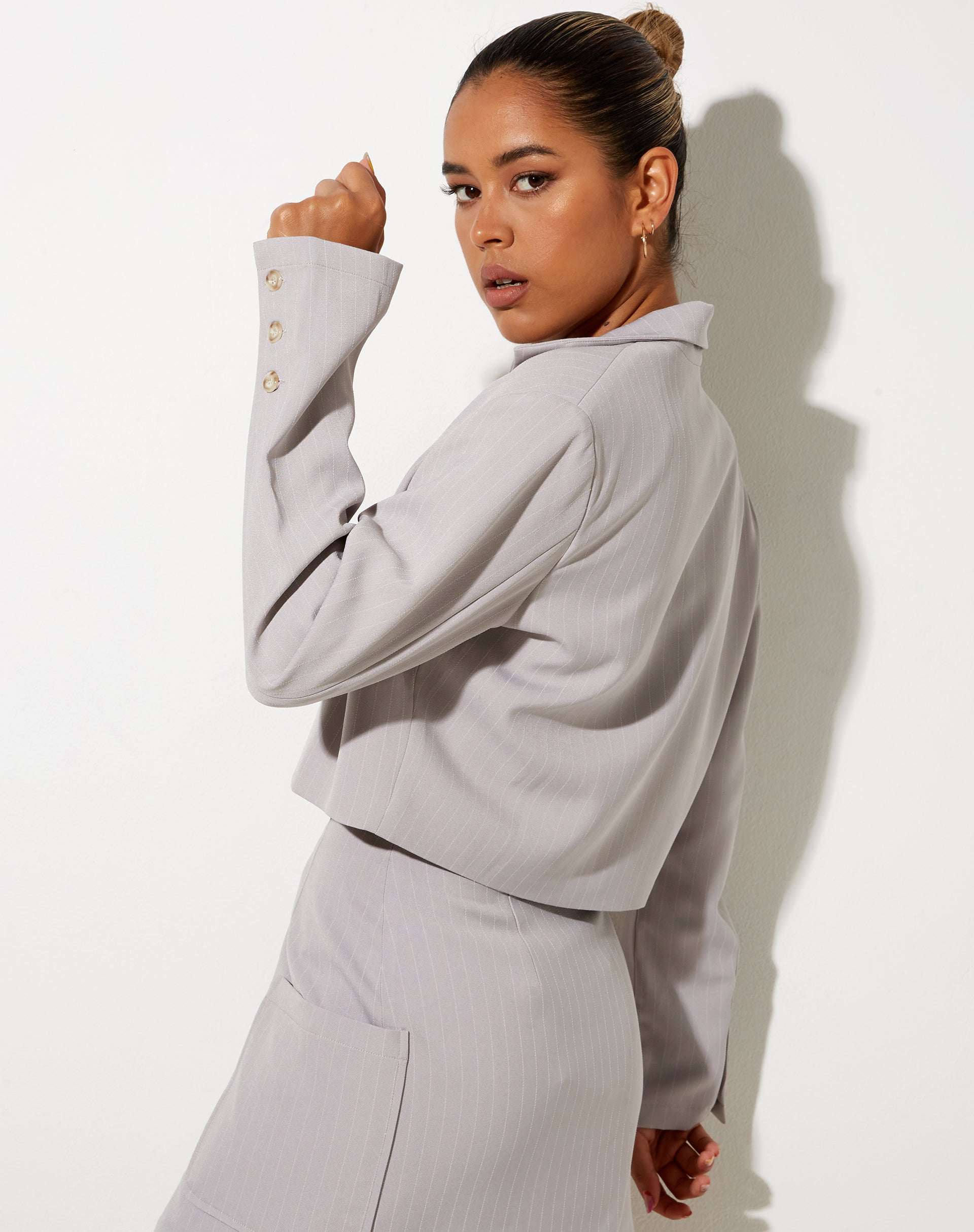 Nolya Blazer in Pinstripe Silver Grey-Nico Sky