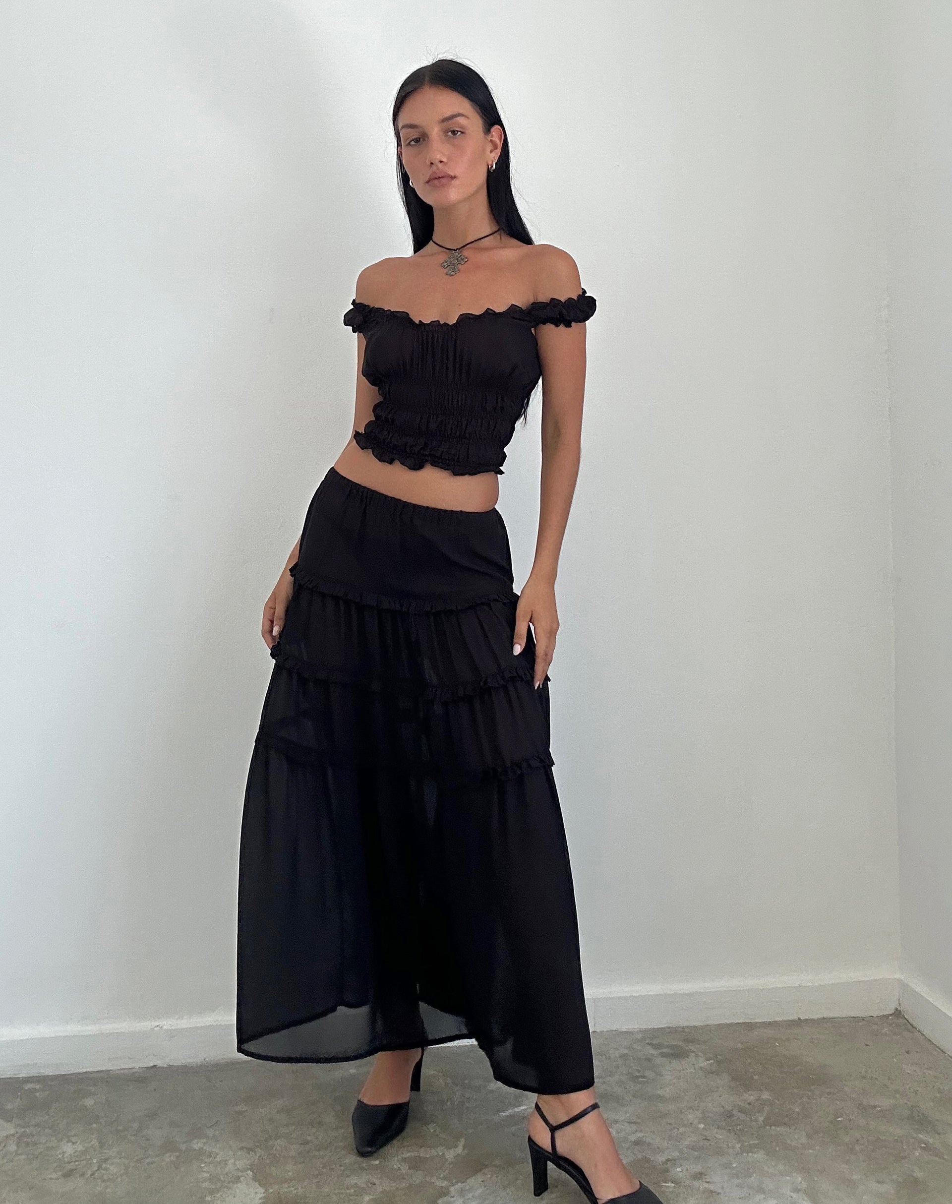Norah Tiered Maxi Skirt in Black Chiffon-Nico Sky