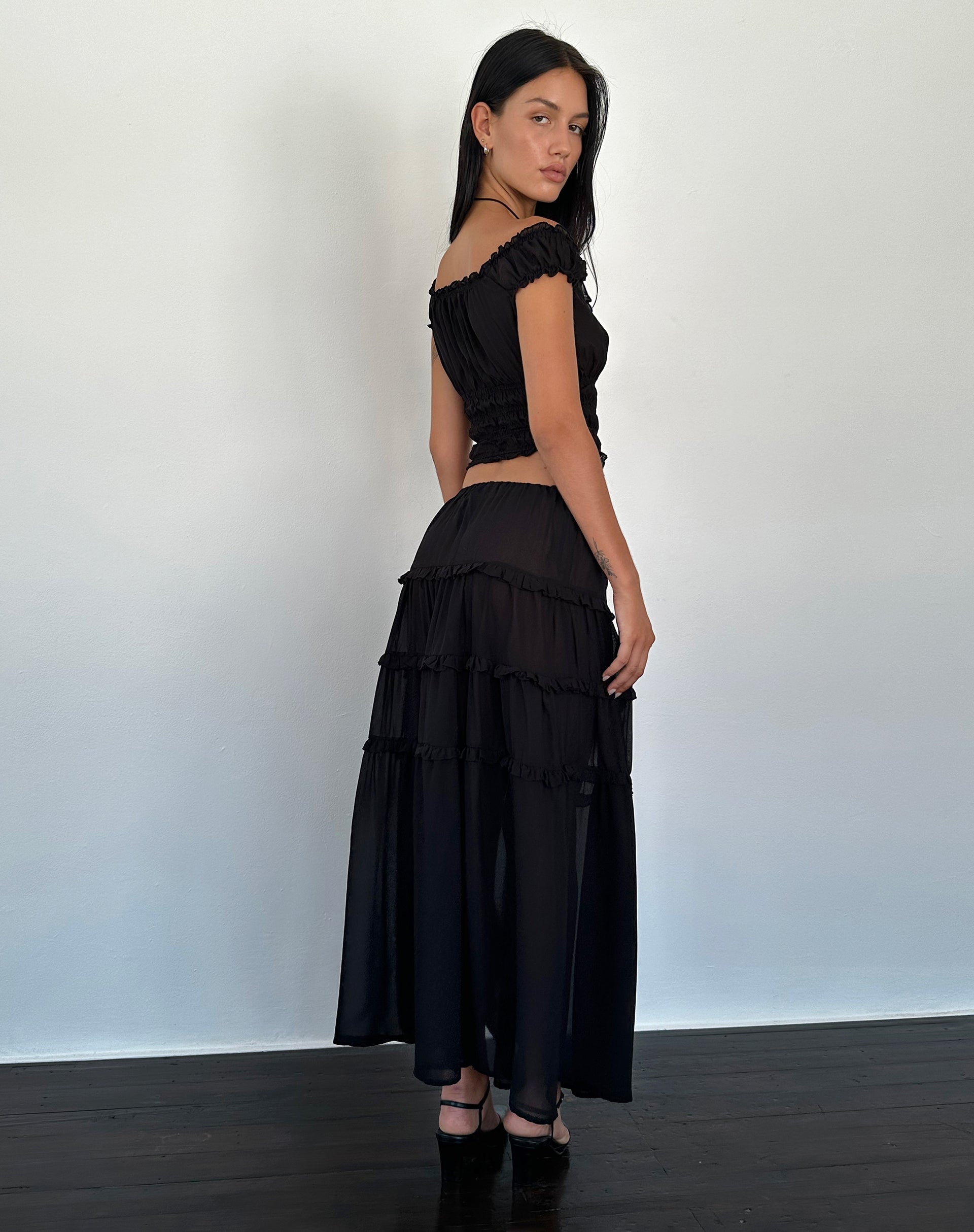 Norah Tiered Maxi Skirt in Black Chiffon-Nico Sky