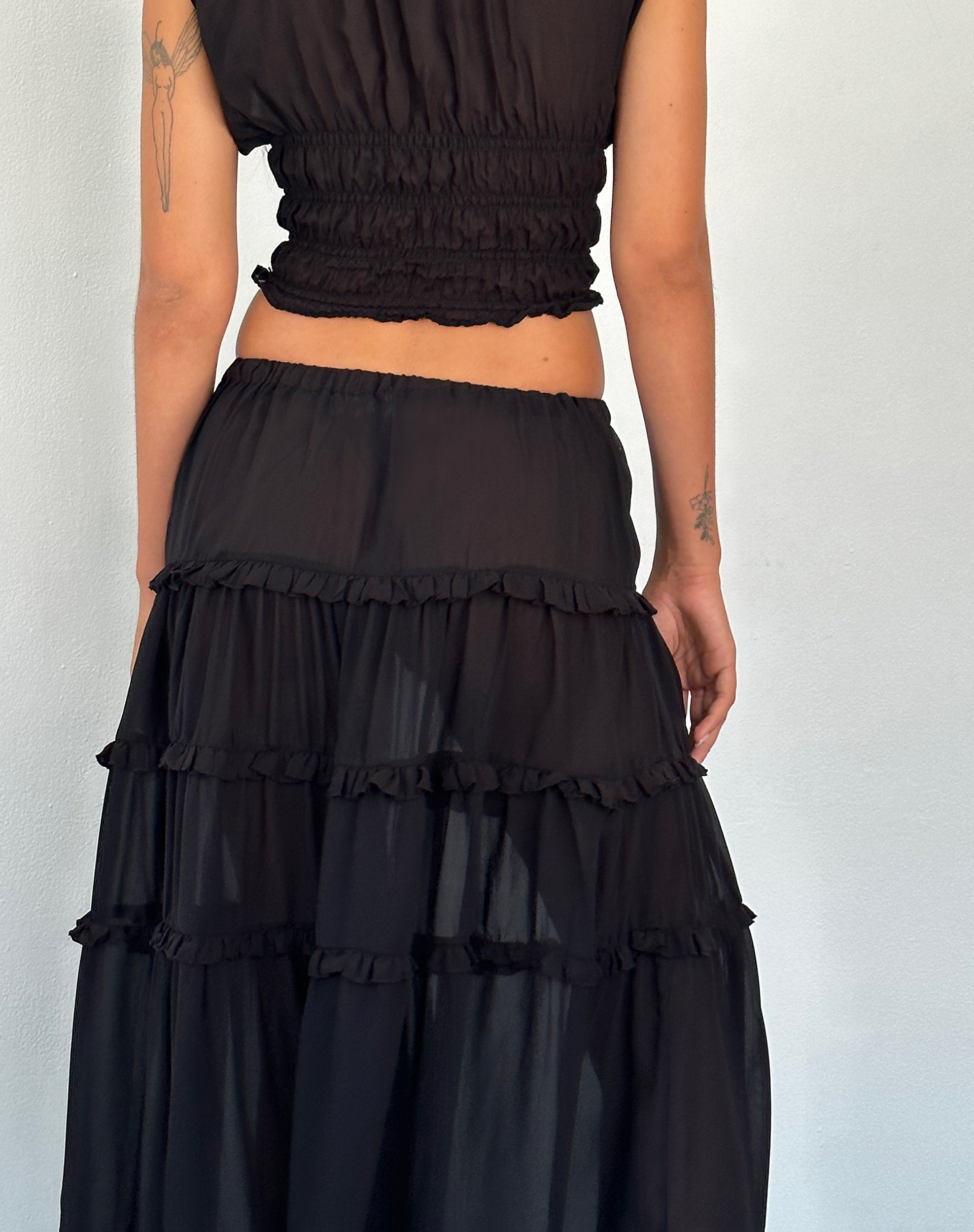 Norah Tiered Maxi Skirt in Black Chiffon-Nico Sky