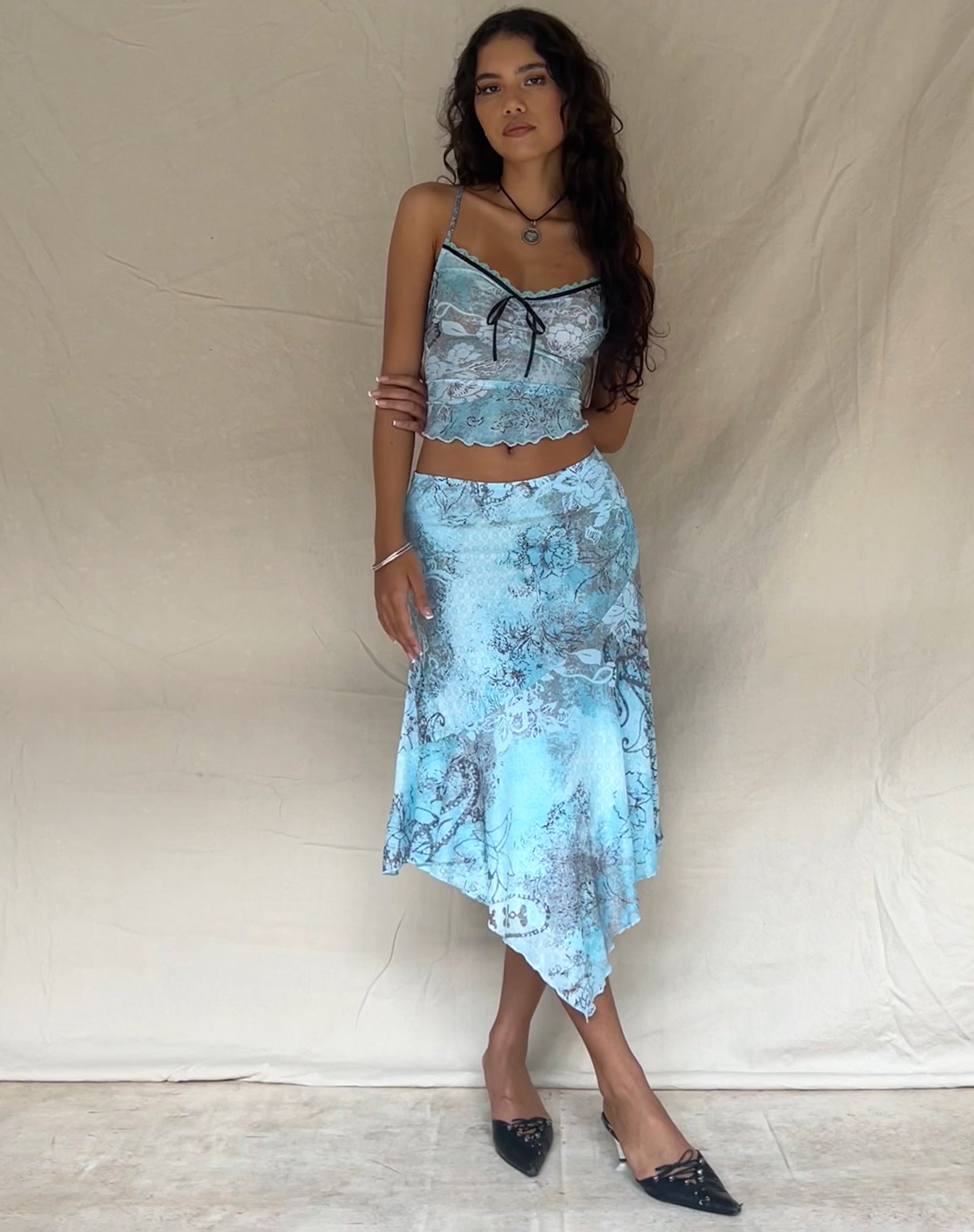 Cinta Low Rise Midi Skirt in Paisley Abstract Rustic-Nico Sky