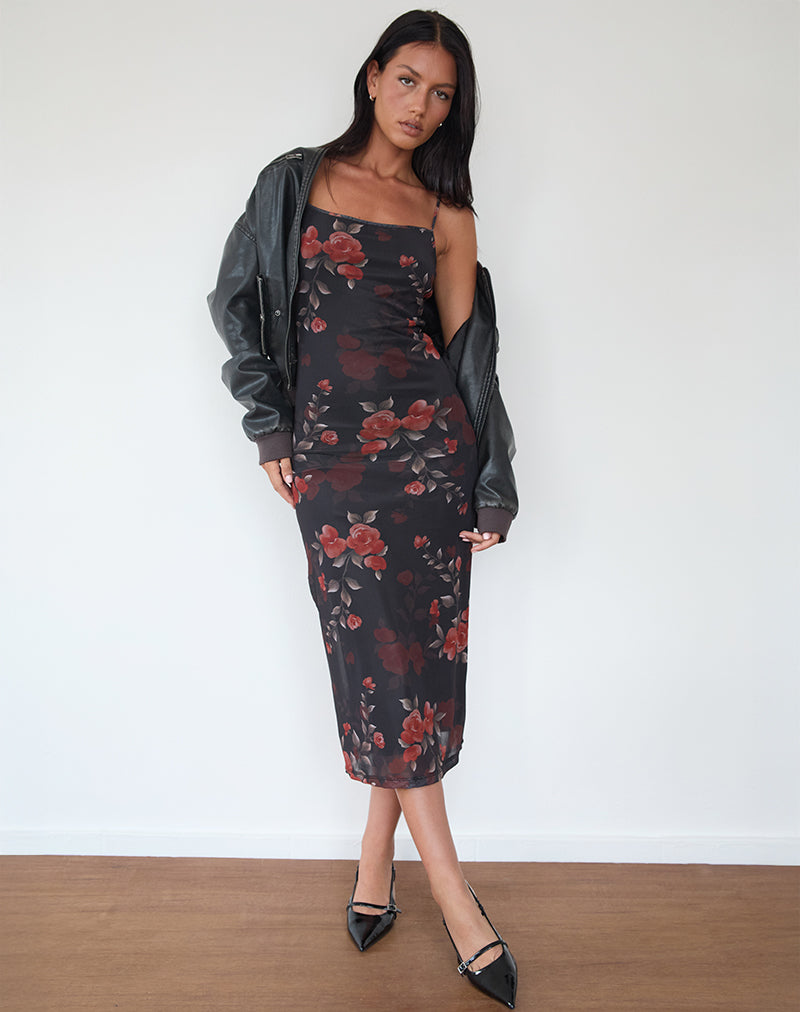 Nori Midi Dress in Watercolour Rose Black-Nico Sky