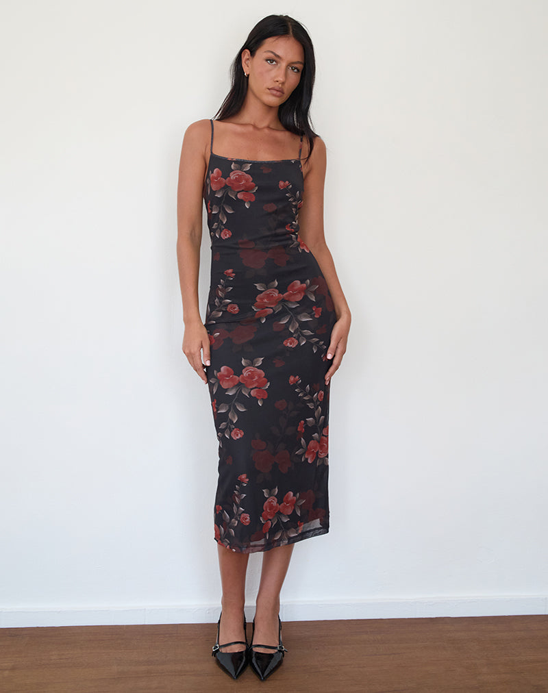 Nori Midi Dress in Watercolour Rose Black-Nico Sky