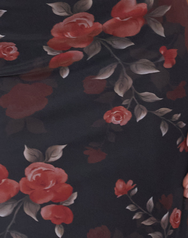 Nori Midi Dress in Watercolour Rose Black-Nico Sky