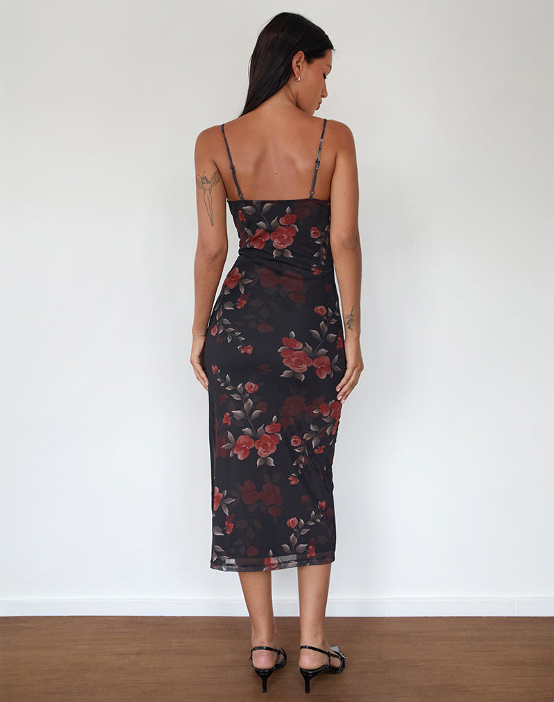 Nori Midi Dress in Watercolour Rose Black-Nico Sky