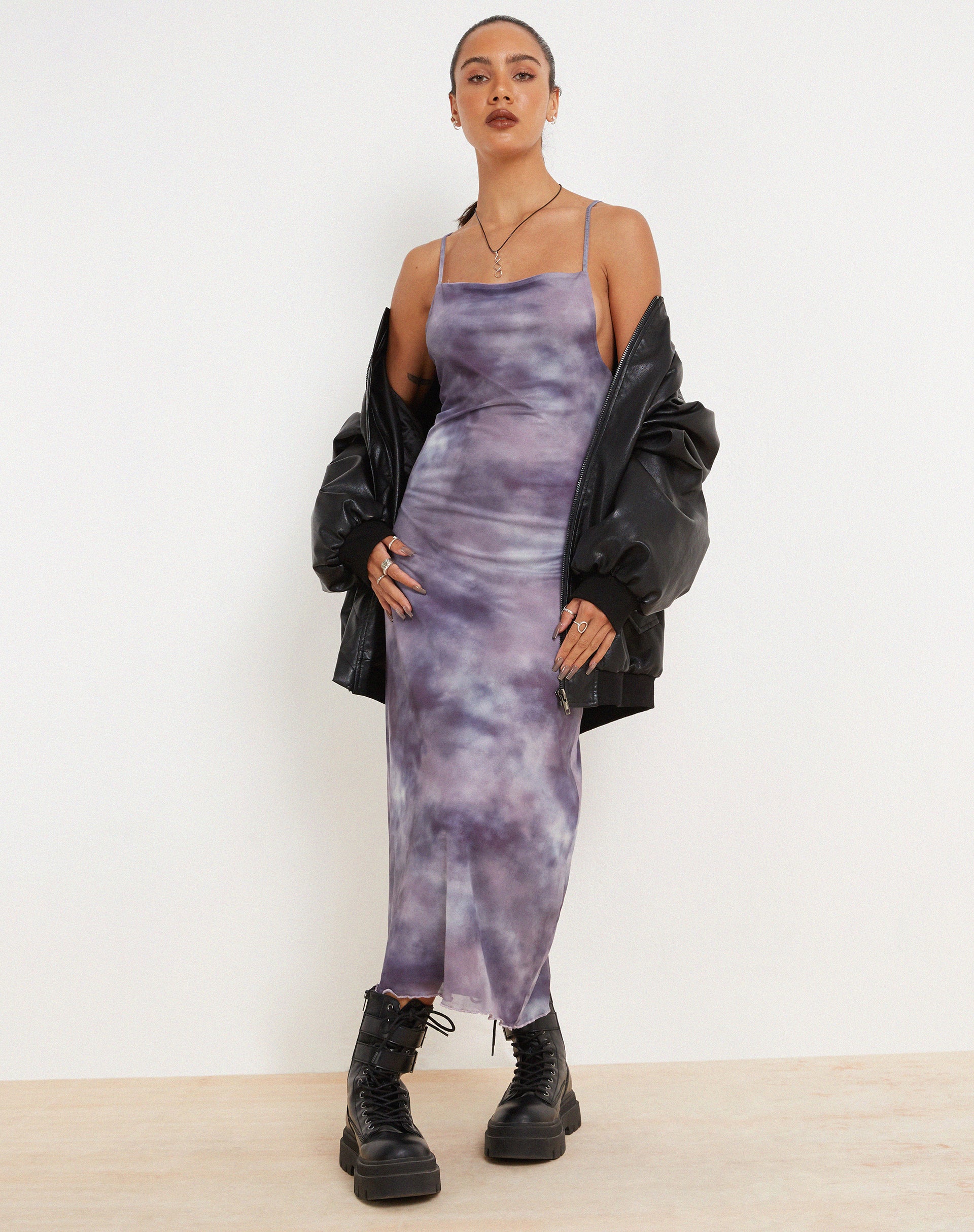 Norishi Printed Mesh Midi Dress in Smokey Gradients Purple-Nico Sky
