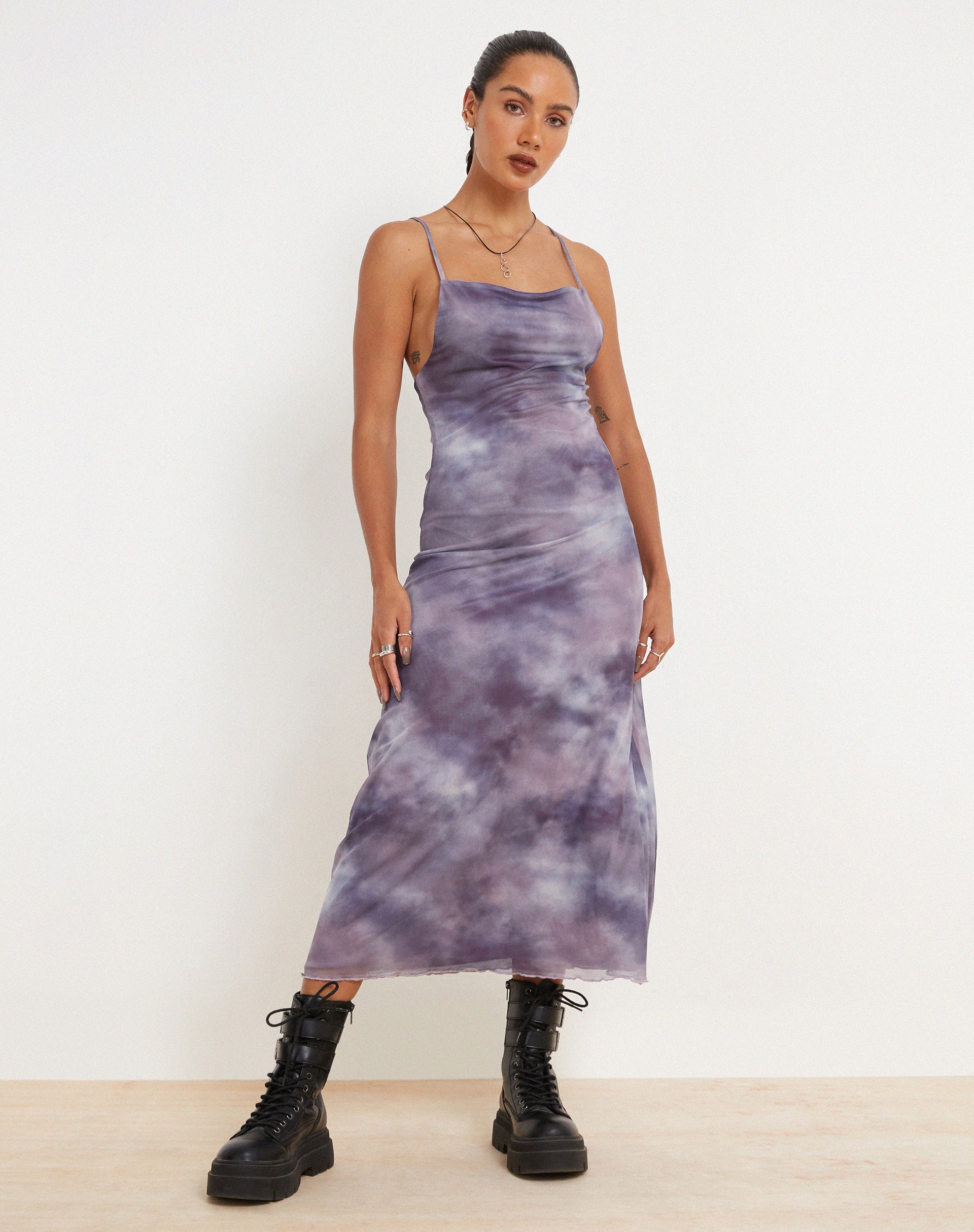 Norishi Printed Mesh Midi Dress in Smokey Gradients Purple-Nico Sky