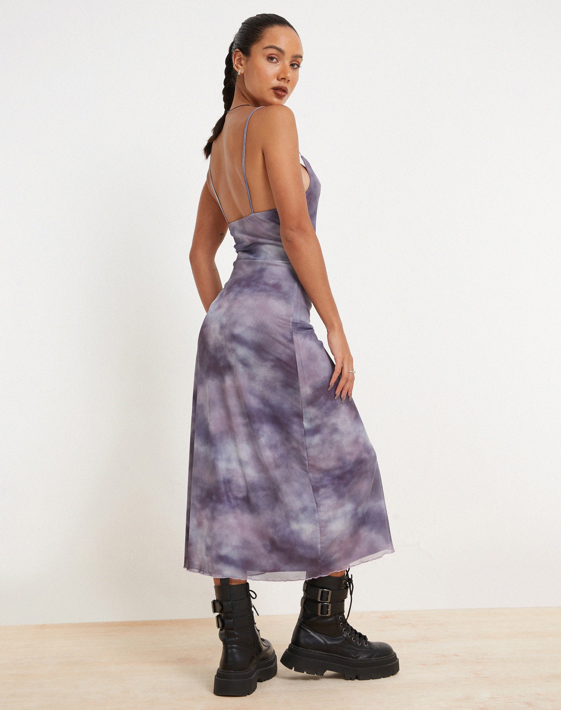 Norishi Printed Mesh Midi Dress in Smokey Gradients Purple-Nico Sky