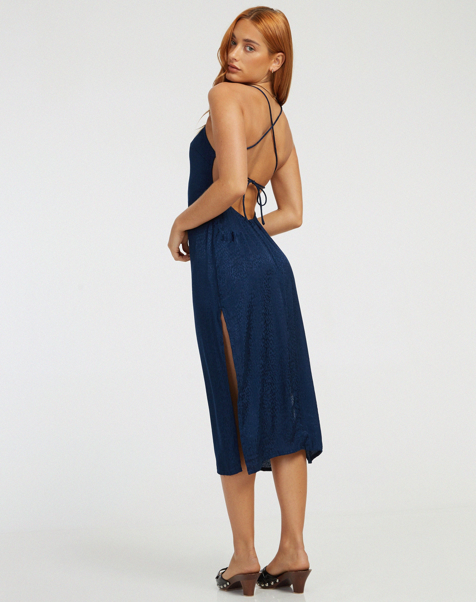 Nosita Midi Dress in Satin Cheetah Navy-Nico Sky