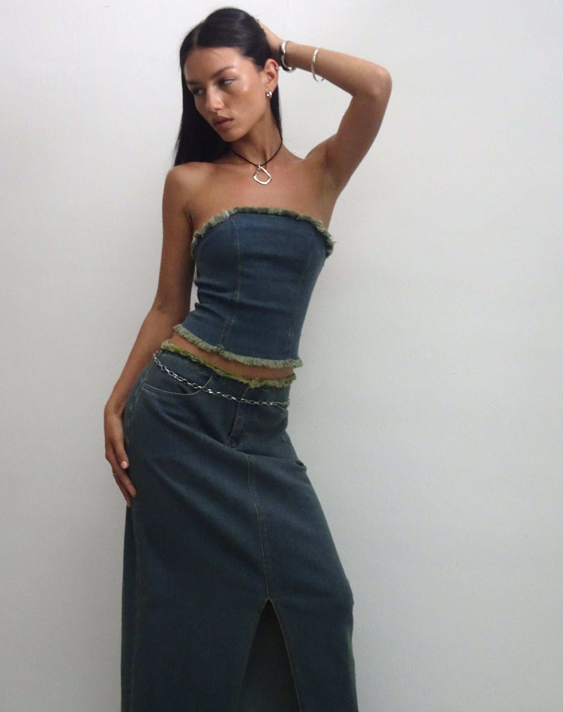 Omas Denim Bandeau Top in Brown Blue Acid Wash-Nico Sky