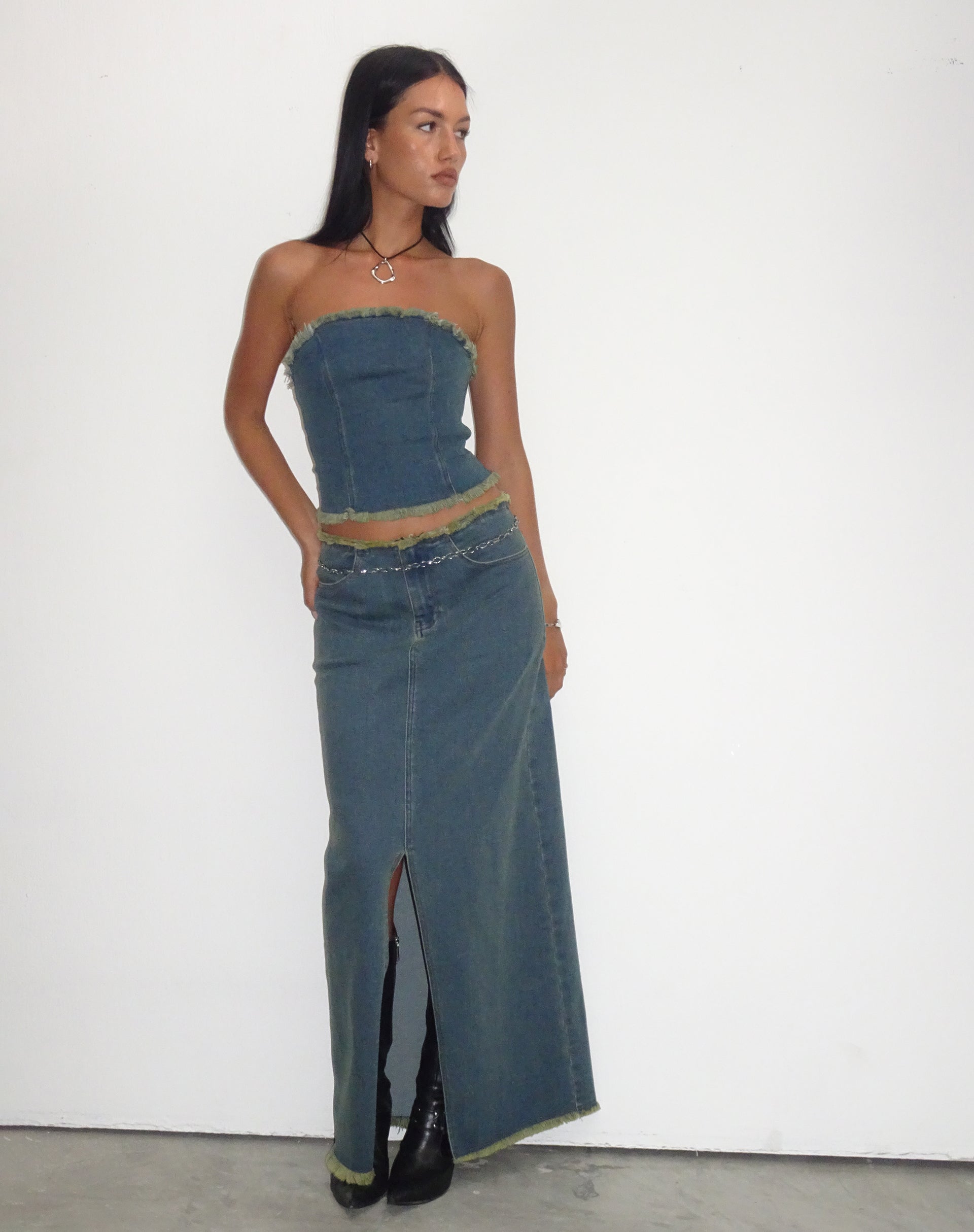 Zaenap Frayed Denim Maxi Skirt in Brown Blue Acid-Nico Sky