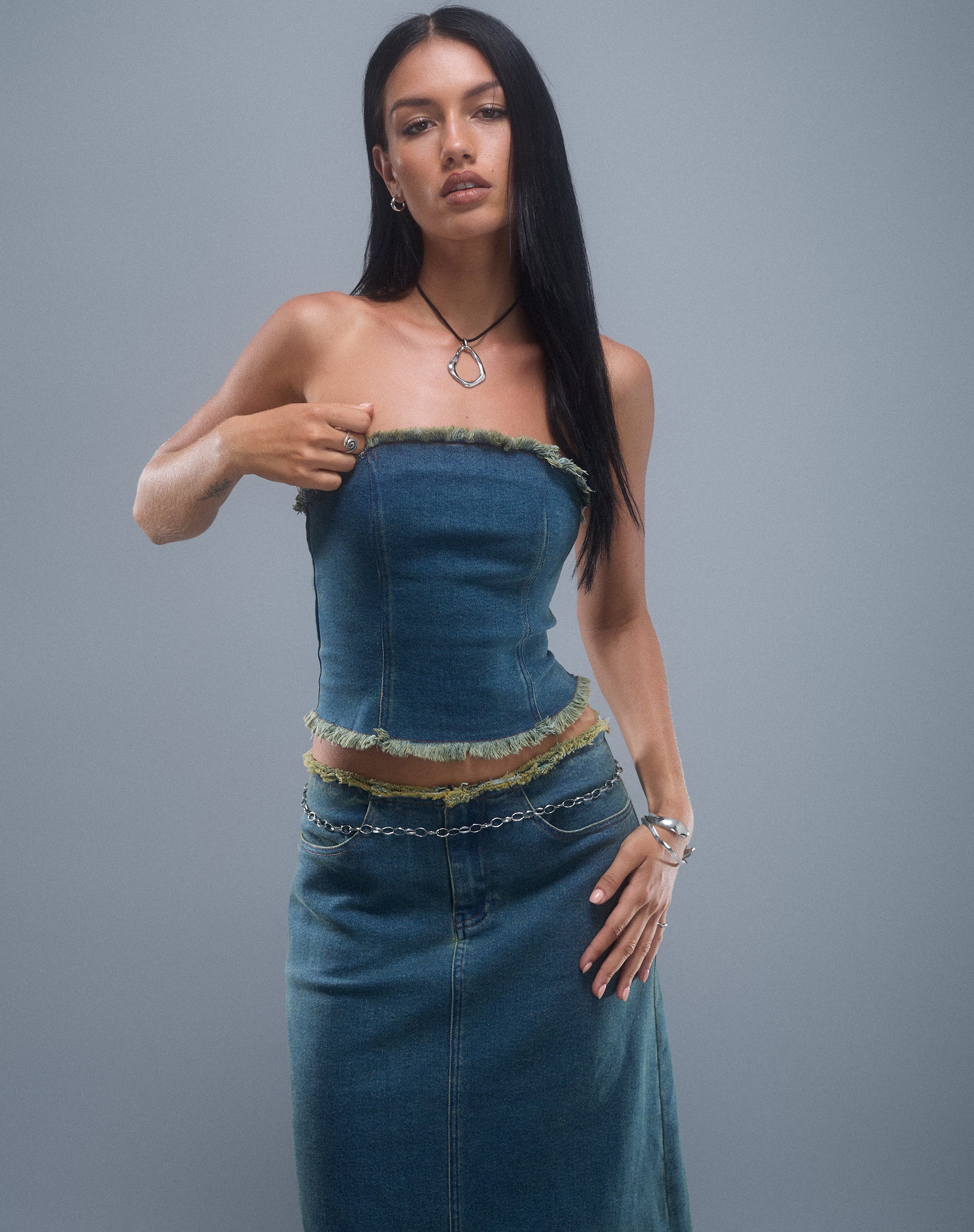 Omas Denim Bandeau Top in Brown Blue Acid Wash-Nico Sky
