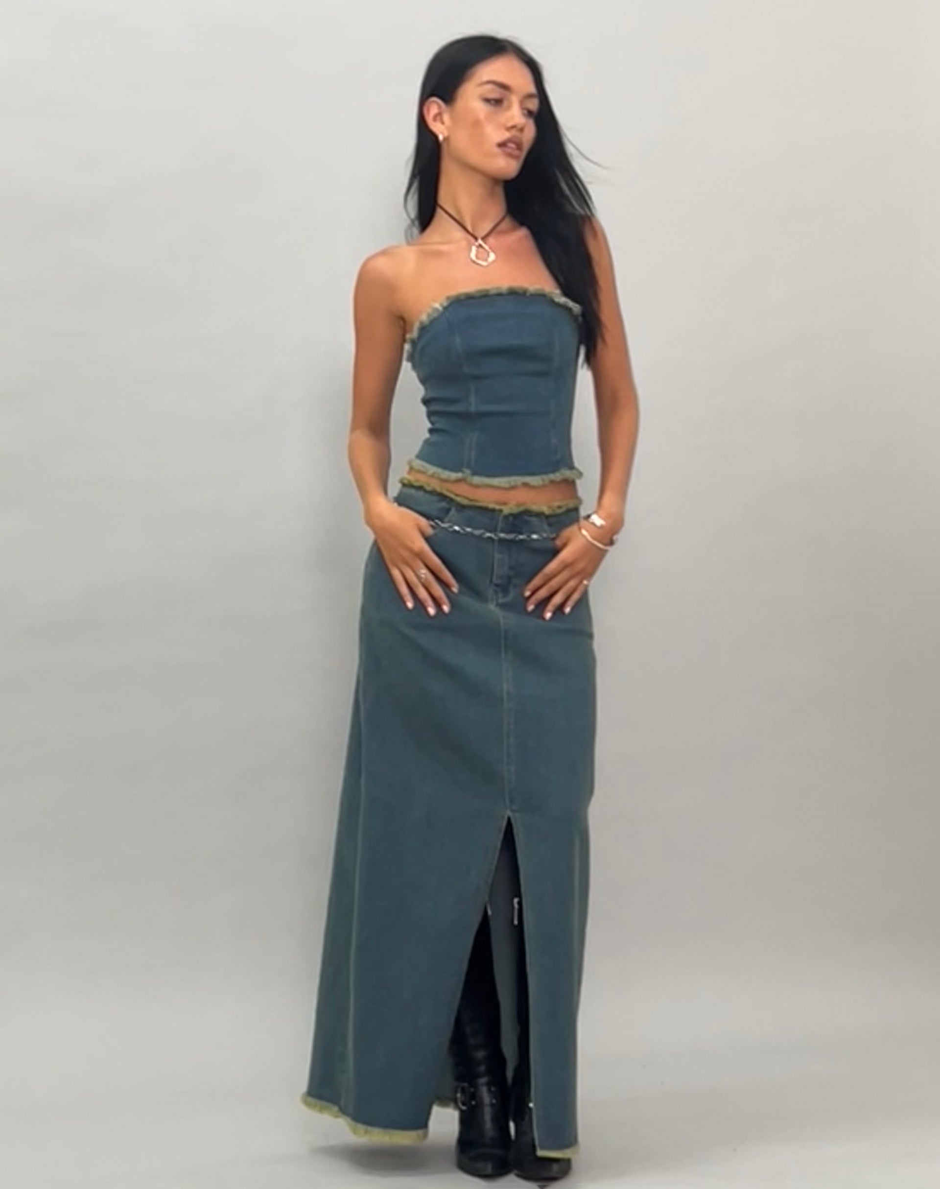Zaenap Frayed Denim Maxi Skirt in Brown Blue Acid-Nico Sky