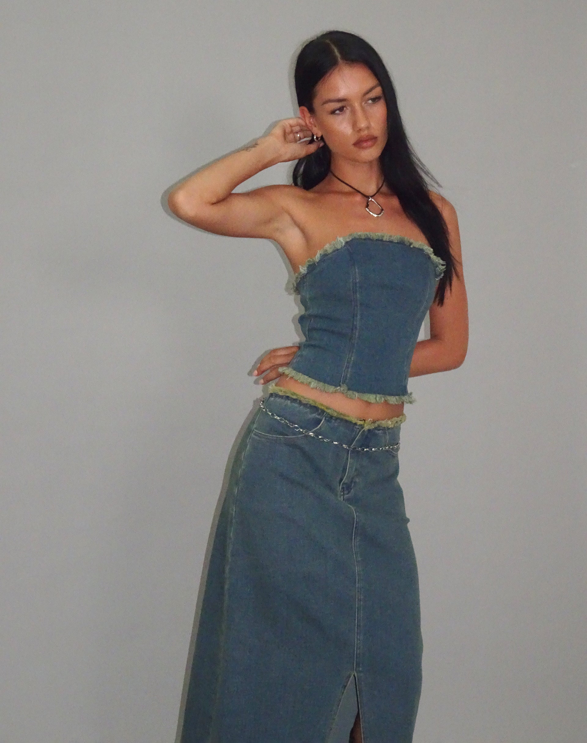 Omas Denim Bandeau Top in Brown Blue Acid Wash-Nico Sky