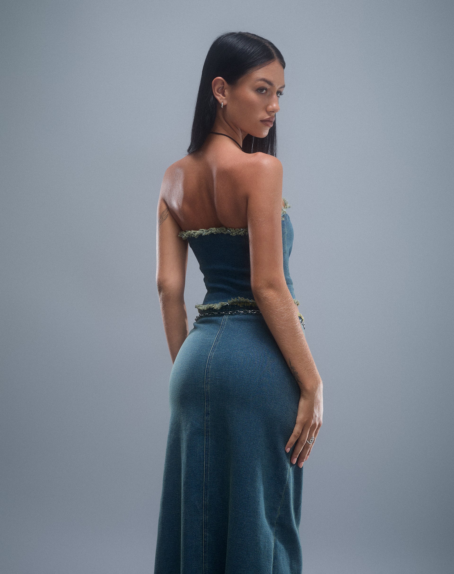 Omas Denim Bandeau Top in Brown Blue Acid Wash-Nico Sky