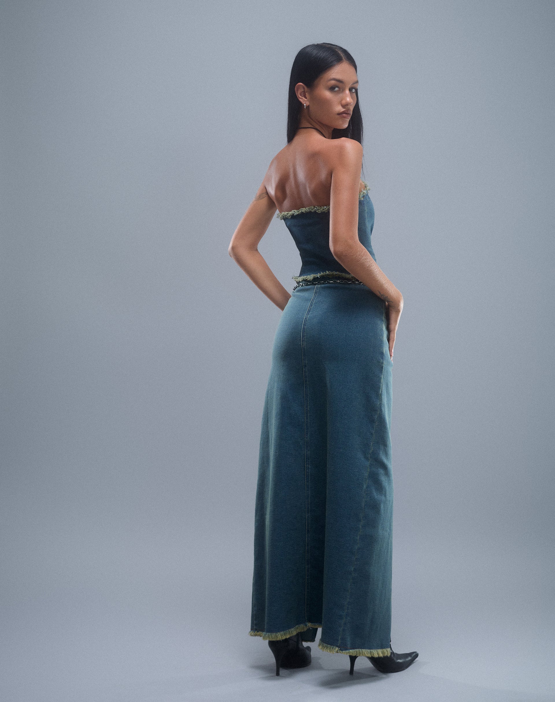 Zaenap Frayed Denim Maxi Skirt in Brown Blue Acid-Nico Sky
