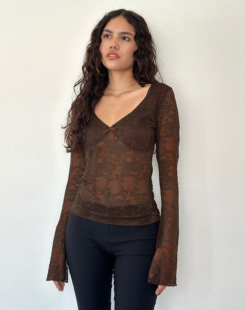 Orphee Long Sleeve Lace Top in Brown-Nico Sky