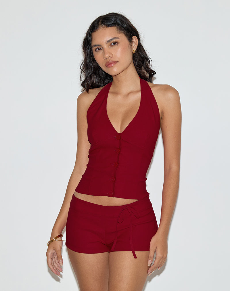 Ortee Halterneck Top in Tailoring Red-Nico Sky