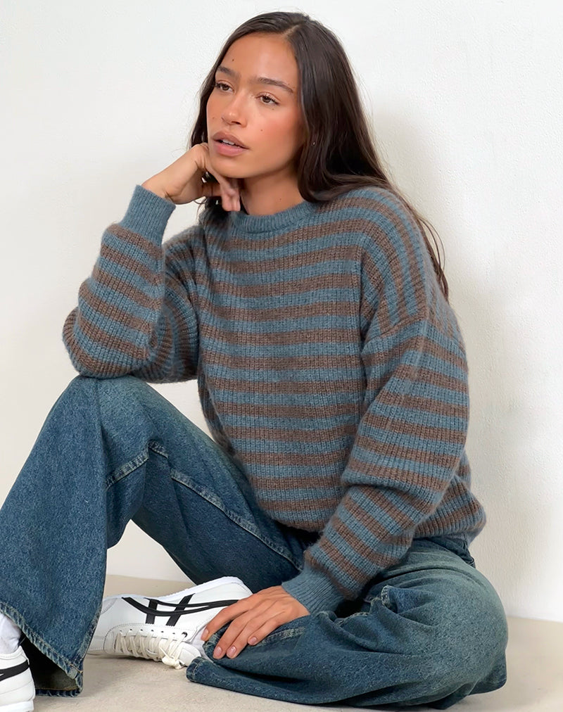 Orvala Knit Jumper in Slate and Brown Stripe-Nico Sky