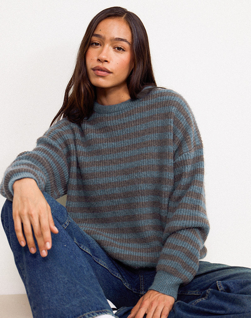 Orvala Knit Jumper in Slate and Brown Stripe-Nico Sky