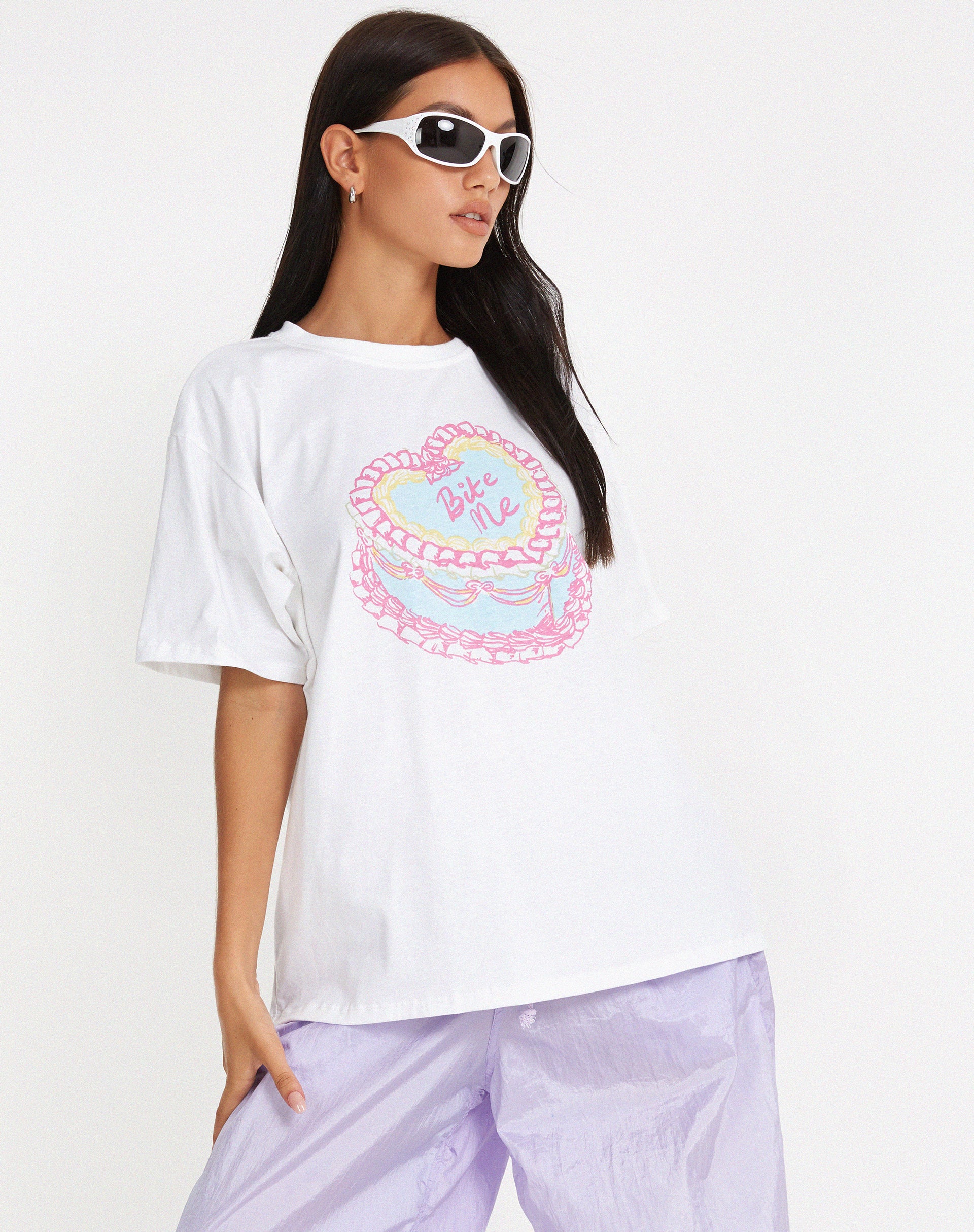 Oversize Basic Tee in White Bite Me-Nico Sky