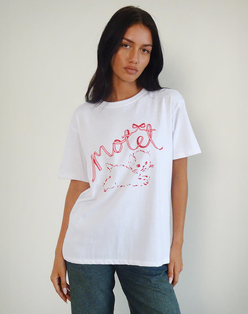 Oversized Basic Tee in White with Kitty-Nico Sky