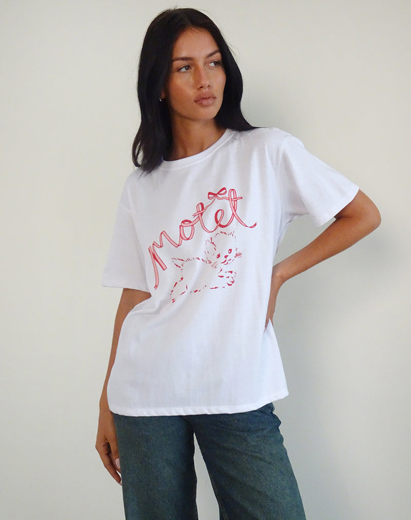 Oversized Basic Tee in White with Kitty-Nico Sky