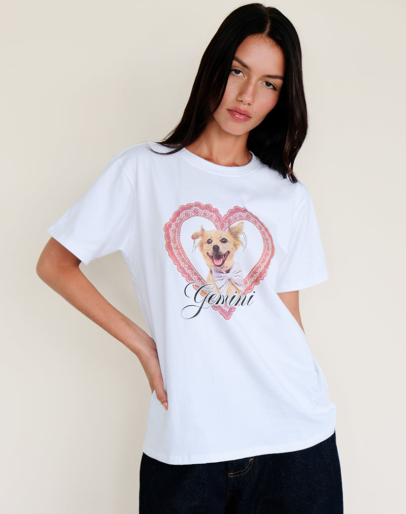 Oversize Basic Tee in White with Gemini Motel Pet Print-Nico Sky