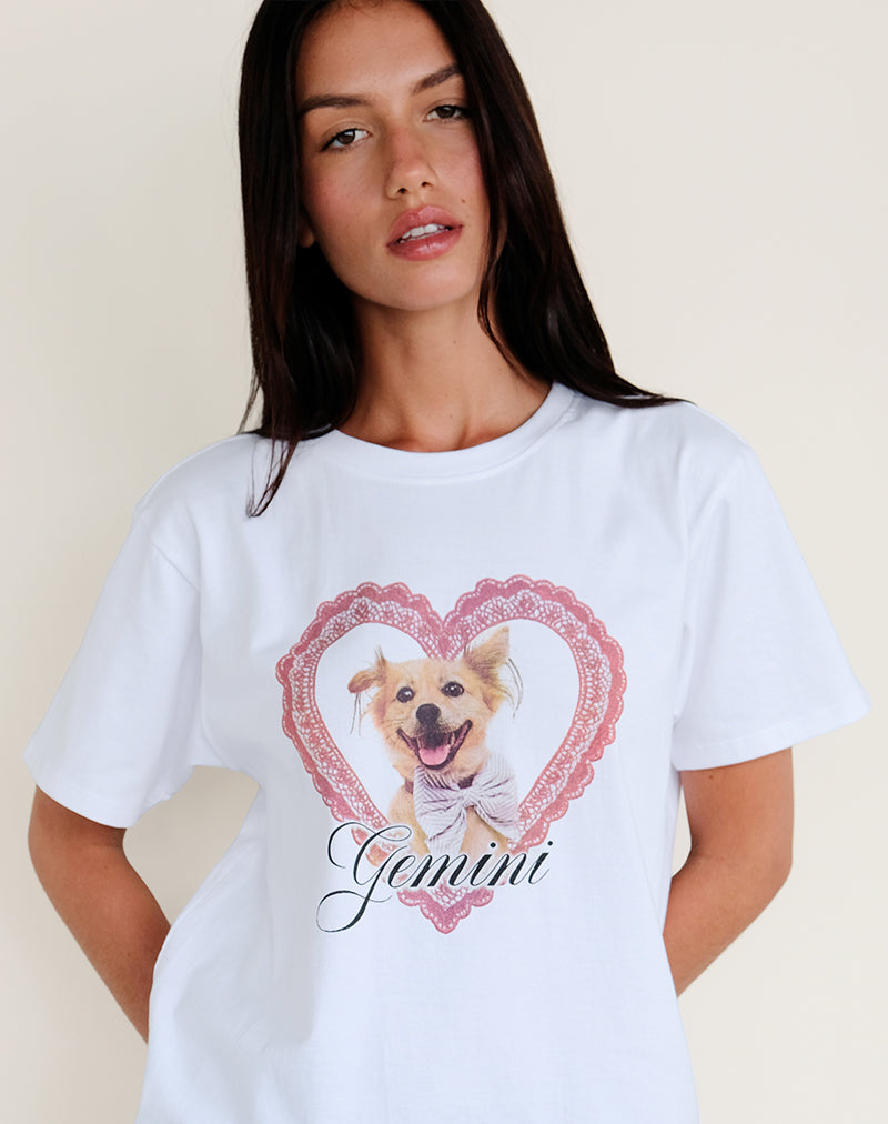 Oversize Basic Tee in White with Gemini Motel Pet Print-Nico Sky