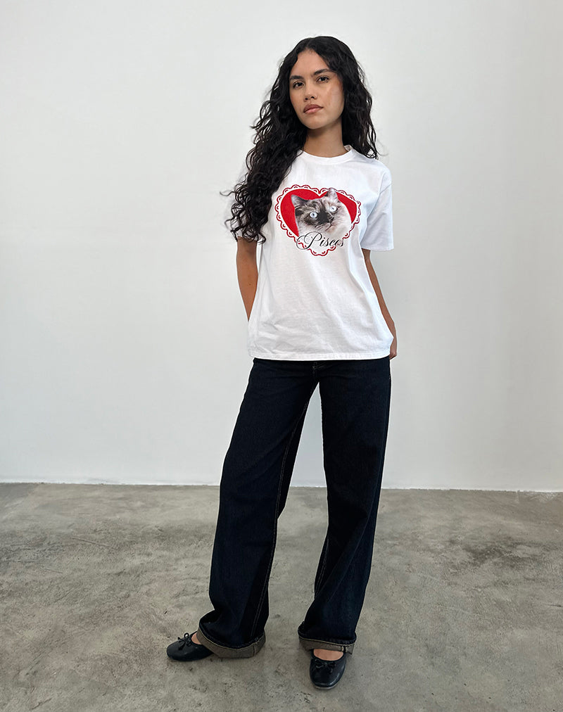 Oversized Basic Tee in White with Pisces Motel Pet-Nico Sky