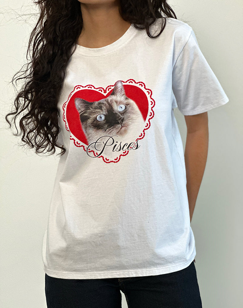 Oversized Basic Tee in White with Pisces Motel Pet-Nico Sky