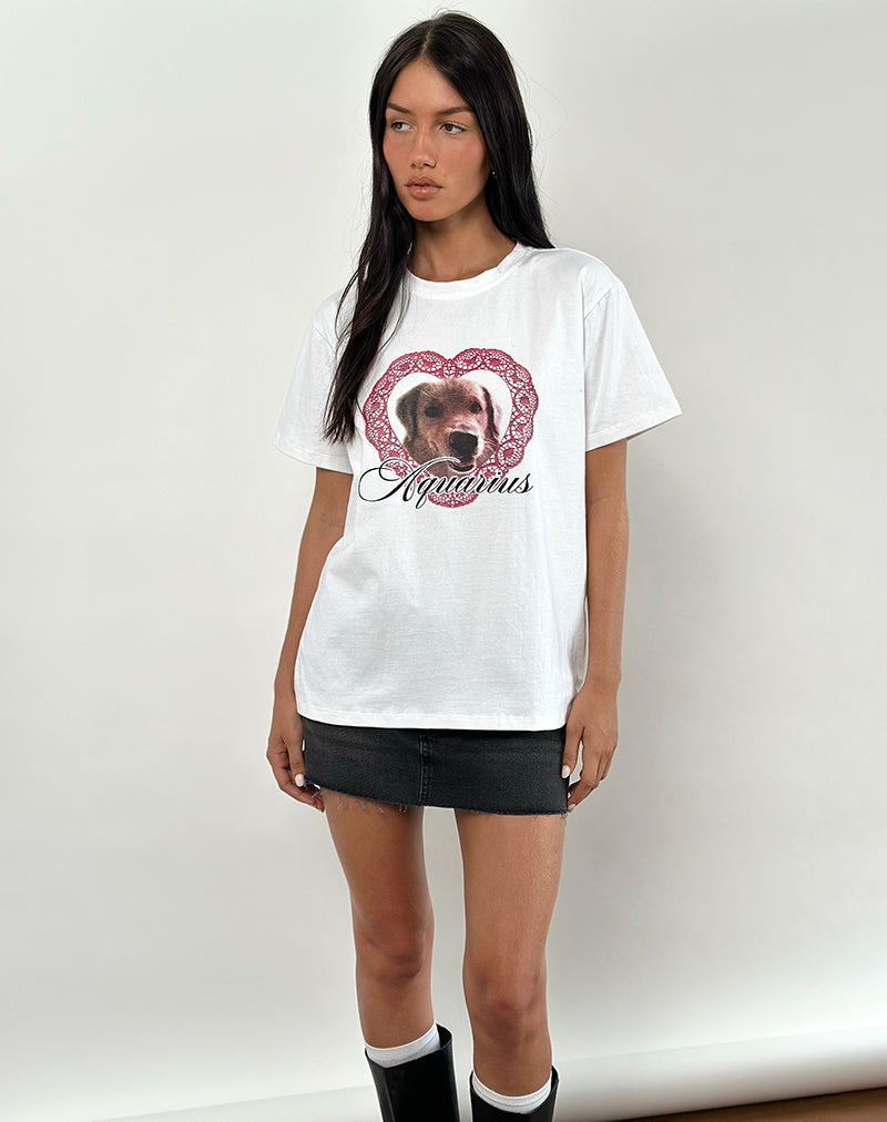 Oversized Basic Tee in White with Aquarius Dog Graphic-Nico Sky