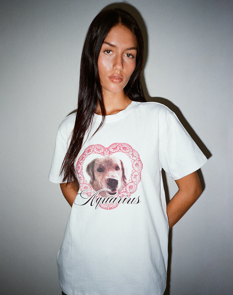 Oversized Basic Tee in White with Aquarius Dog Graphic-Nico Sky