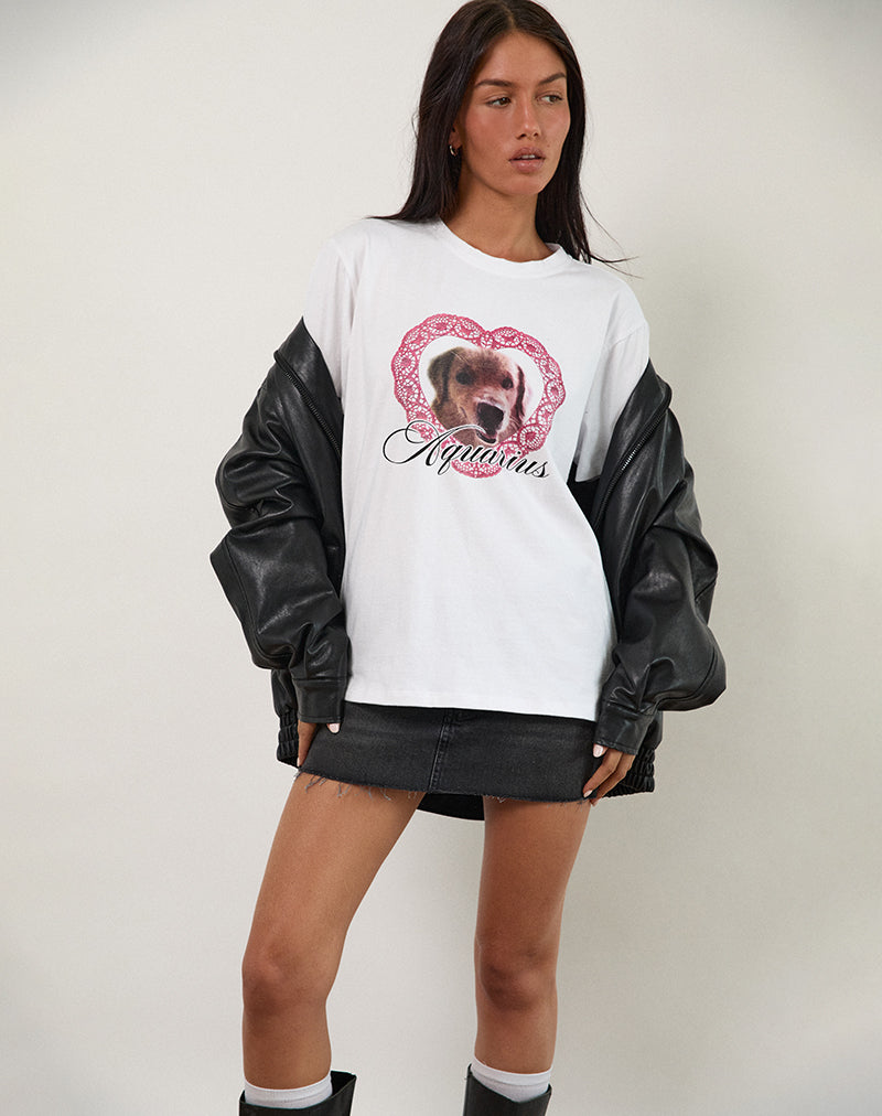 Oversized Basic Tee in White with Aquarius Dog Graphic-Nico Sky