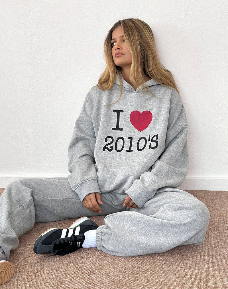 Oversized Hoodie in Grey Marl with I Love 2010's Print-Nico Sky