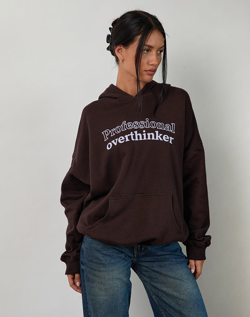 Oversized Hoodie in Bitter Chocolate with Overthinker Print-Nico Sky