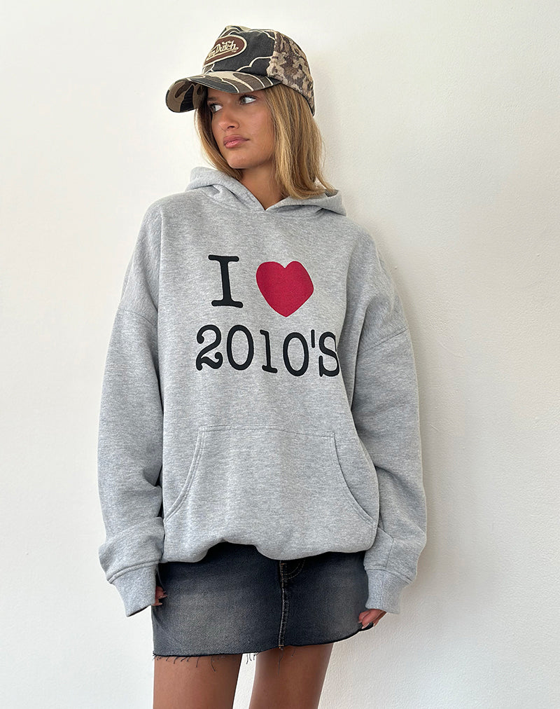 Oversized Hoodie in Grey Marl with I Love 2010's Print-Nico Sky