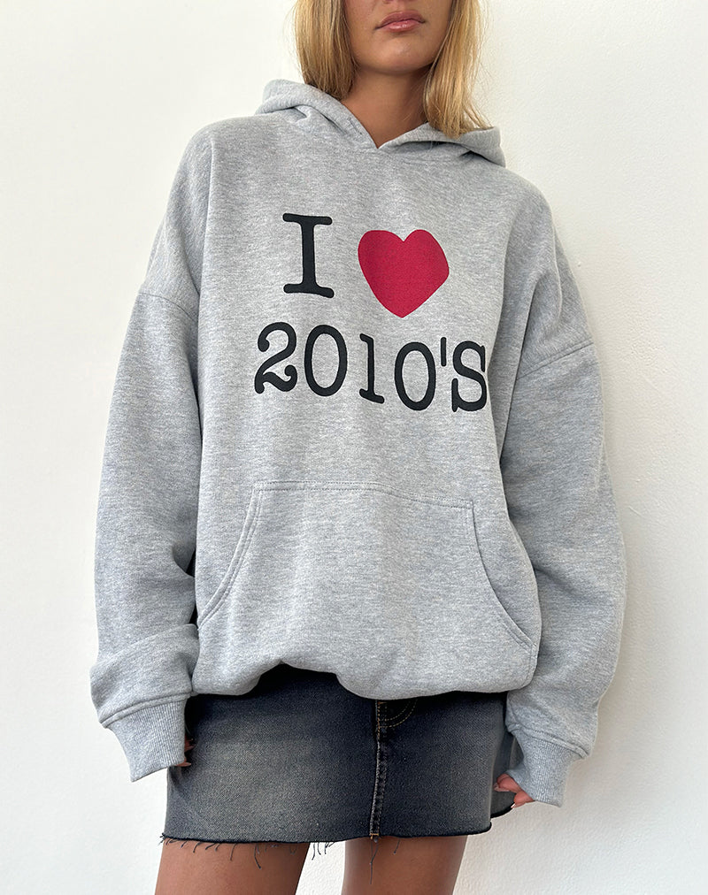 Oversized Hoodie in Grey Marl with I Love 2010's Print-Nico Sky