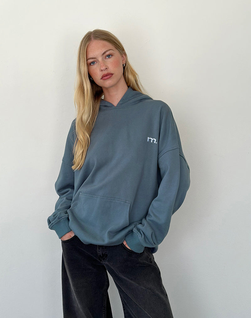 Oversized Hoodie in Blue Mirage with White 'MOTEL' Embroidery-Nico Sky