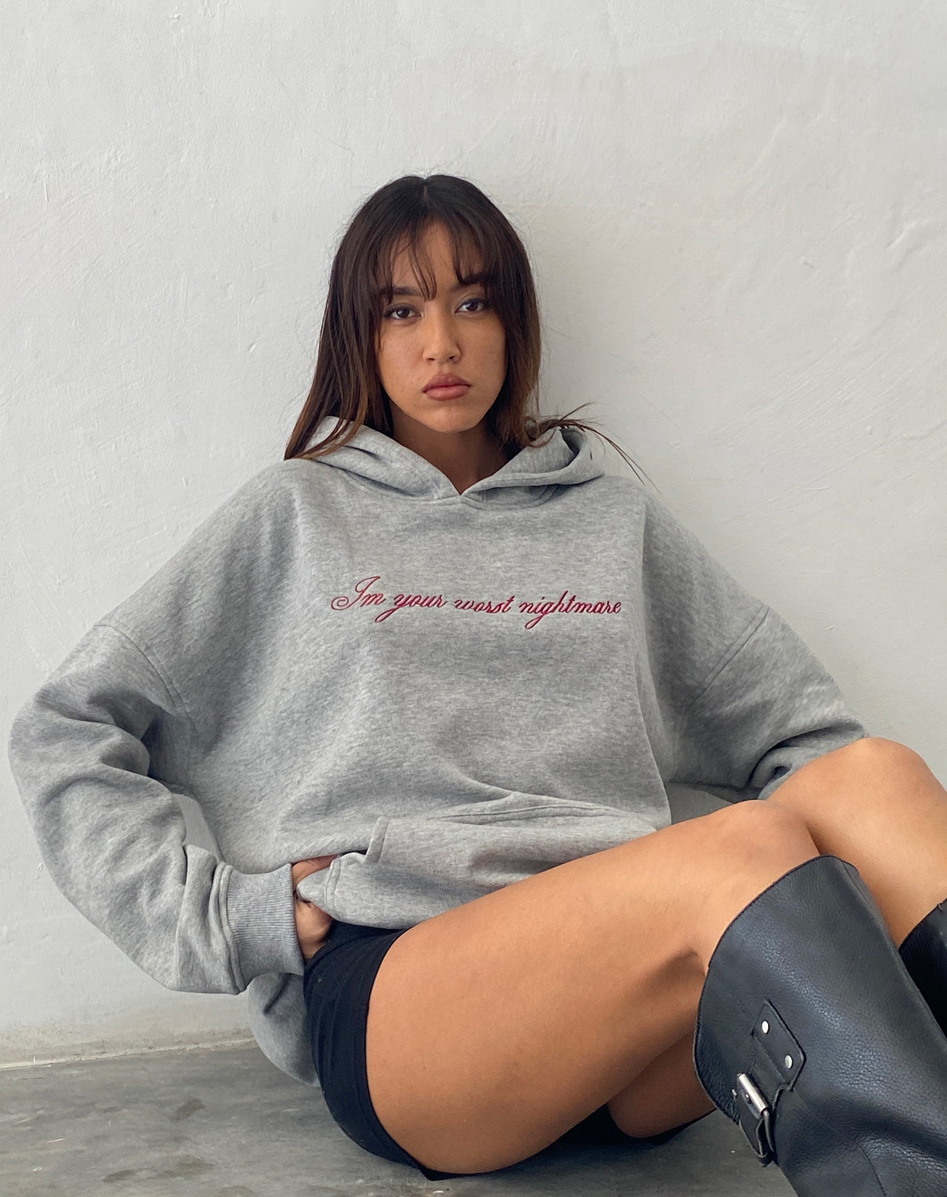 Oversized Hoodie in Grey Marl with Worst Nightmare Embroidery-Nico Sky