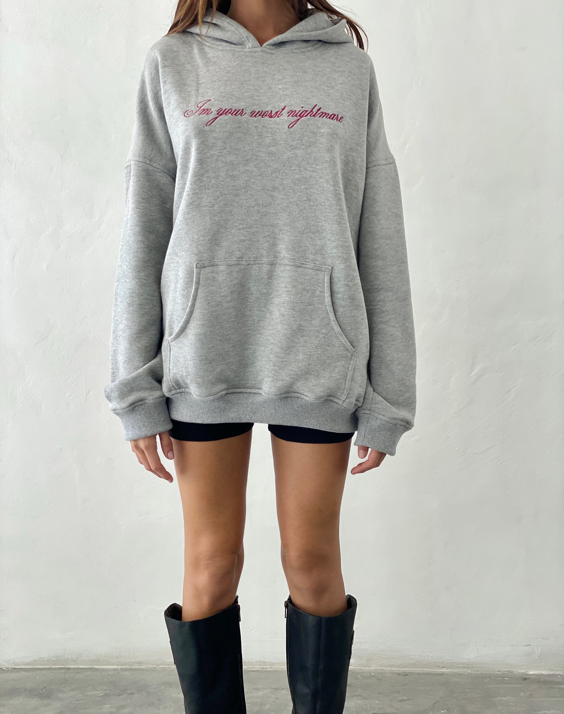 Oversized Hoodie in Grey Marl with Worst Nightmare Embroidery-Nico Sky