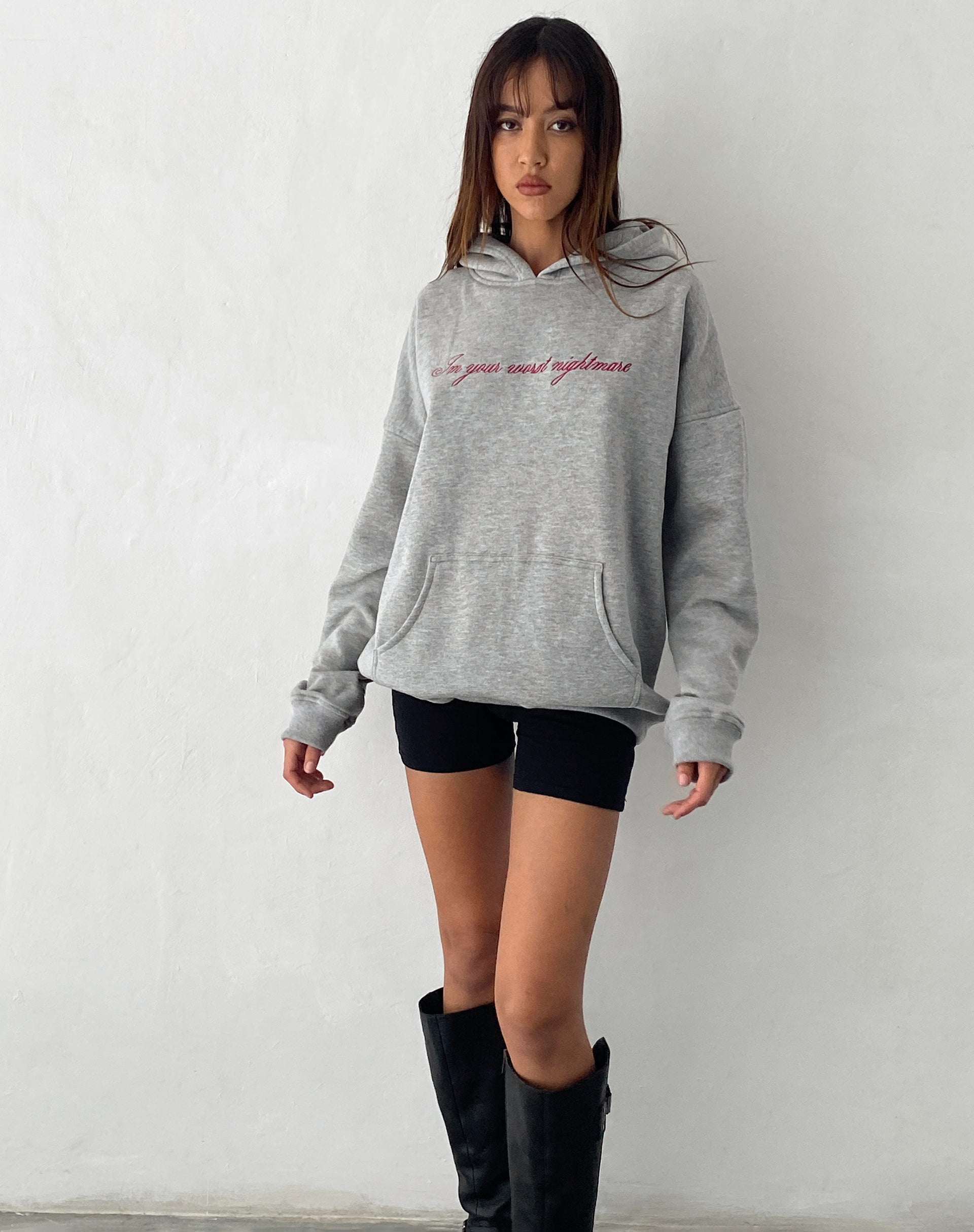 Oversized Hoodie in Grey Marl with Worst Nightmare Embroidery-Nico Sky