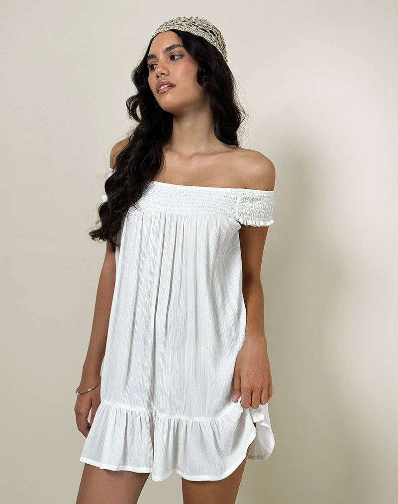 Panasi Bardot Babydoll Mini Dress in Off White-Nico Sky