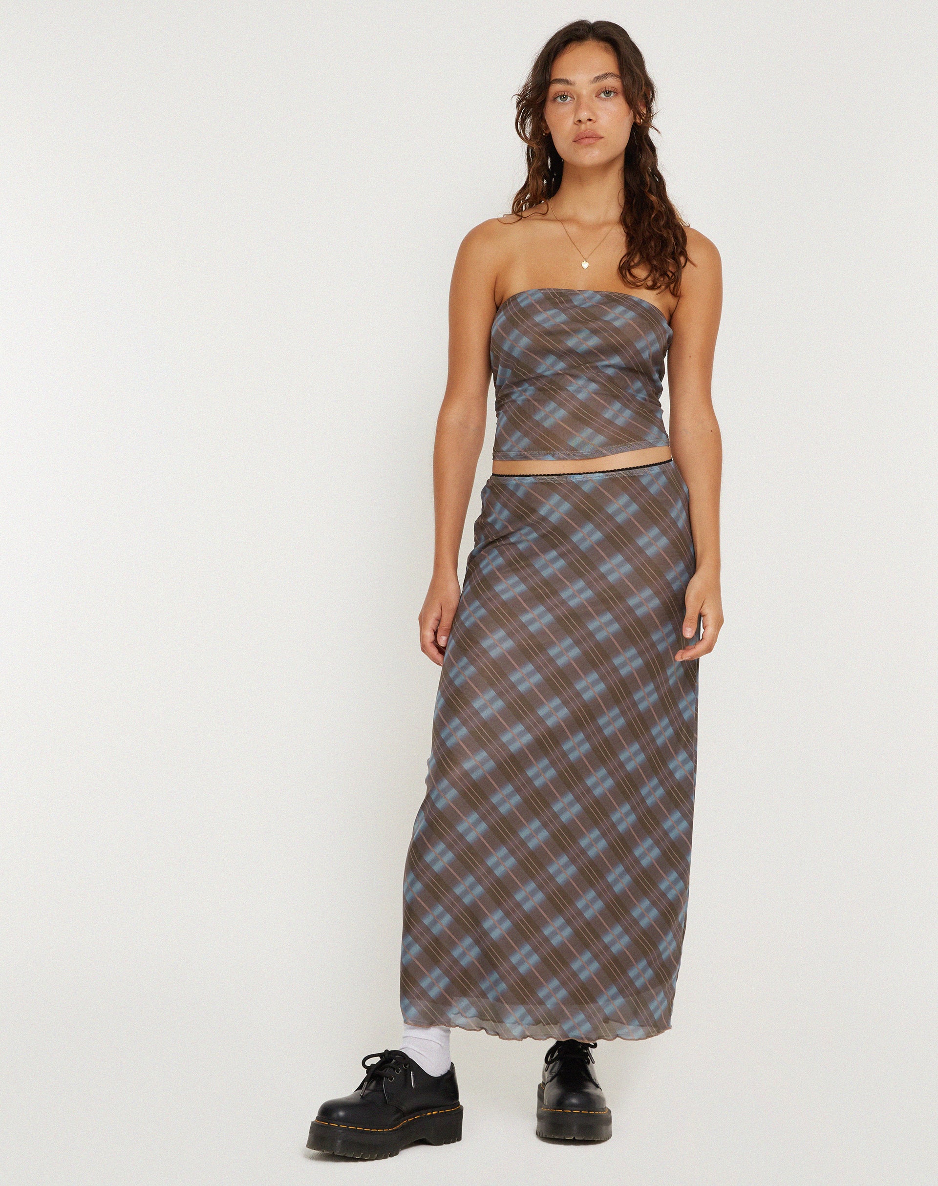 Lassie Midi Skirt in Green Blurred Check Dark Olive-Nico Sky