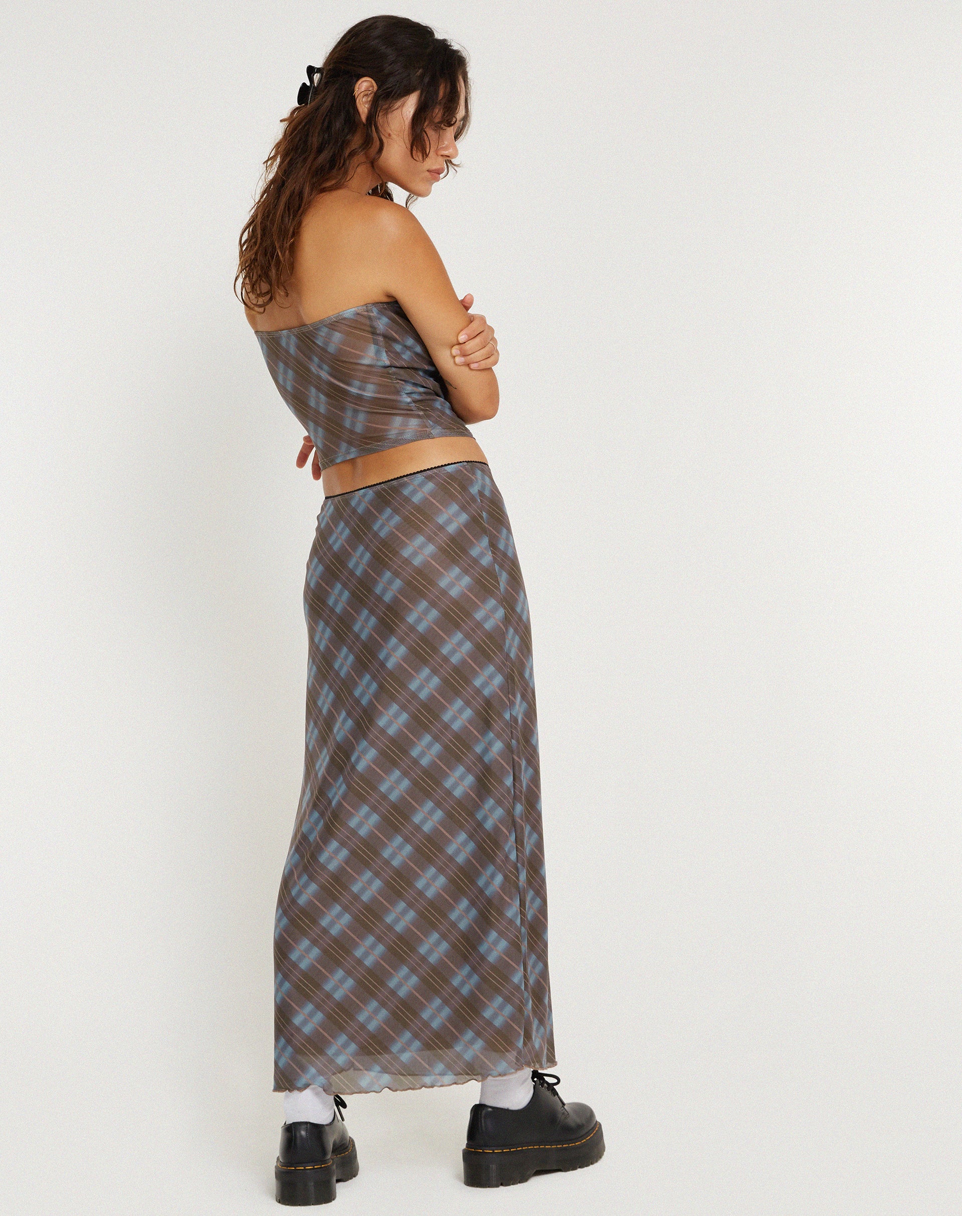 Lassie Midi Skirt in Green Blurred Check Dark Olive-Nico Sky