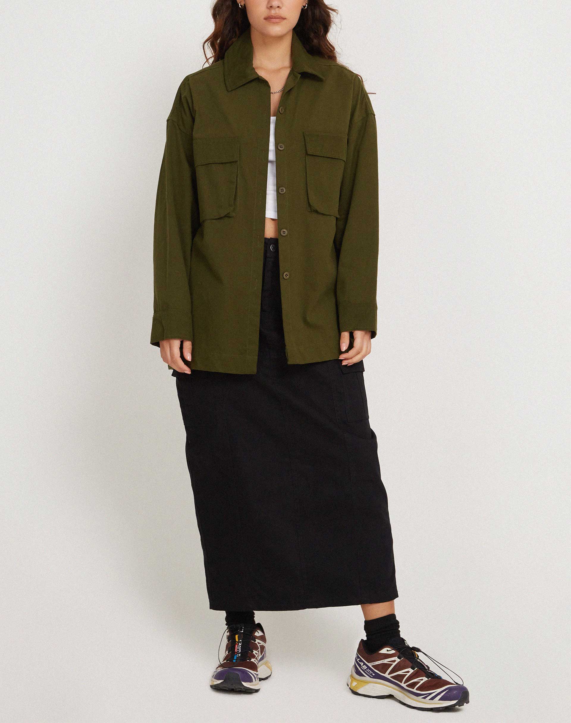 Phlox Oversized Shirt in Dark Olive-Nico Sky