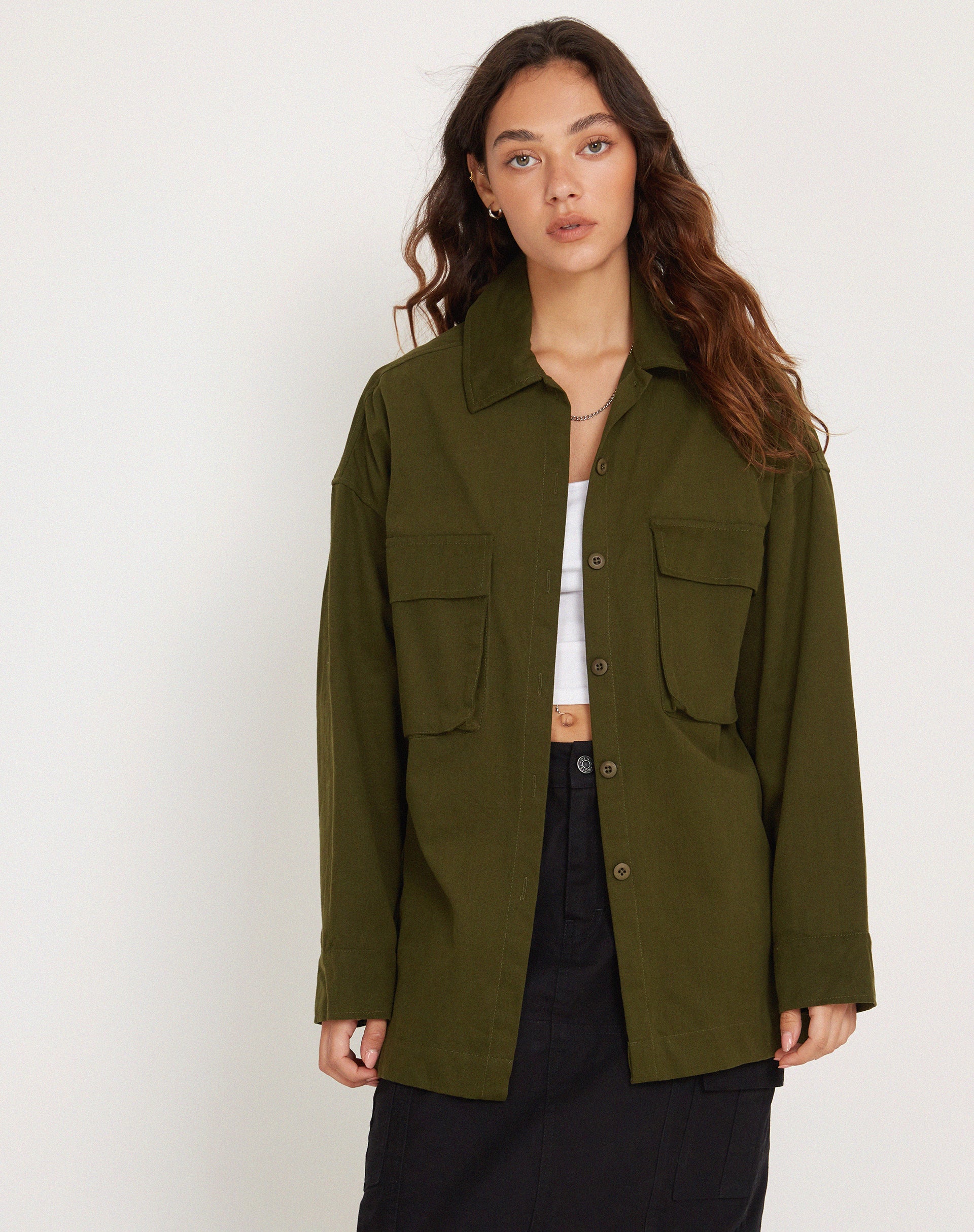 Phlox Oversized Shirt in Dark Olive-Nico Sky